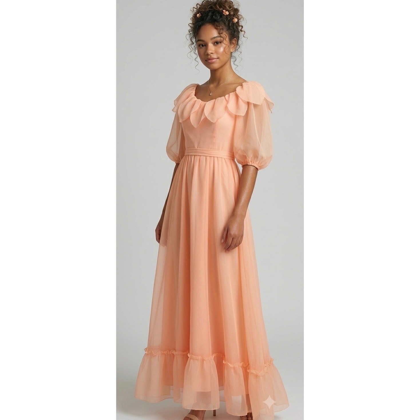 Vintage Chiffon Maxi Dress Womens Xs Peach Ruffle Puff Sleeve Romantic 70s Usa